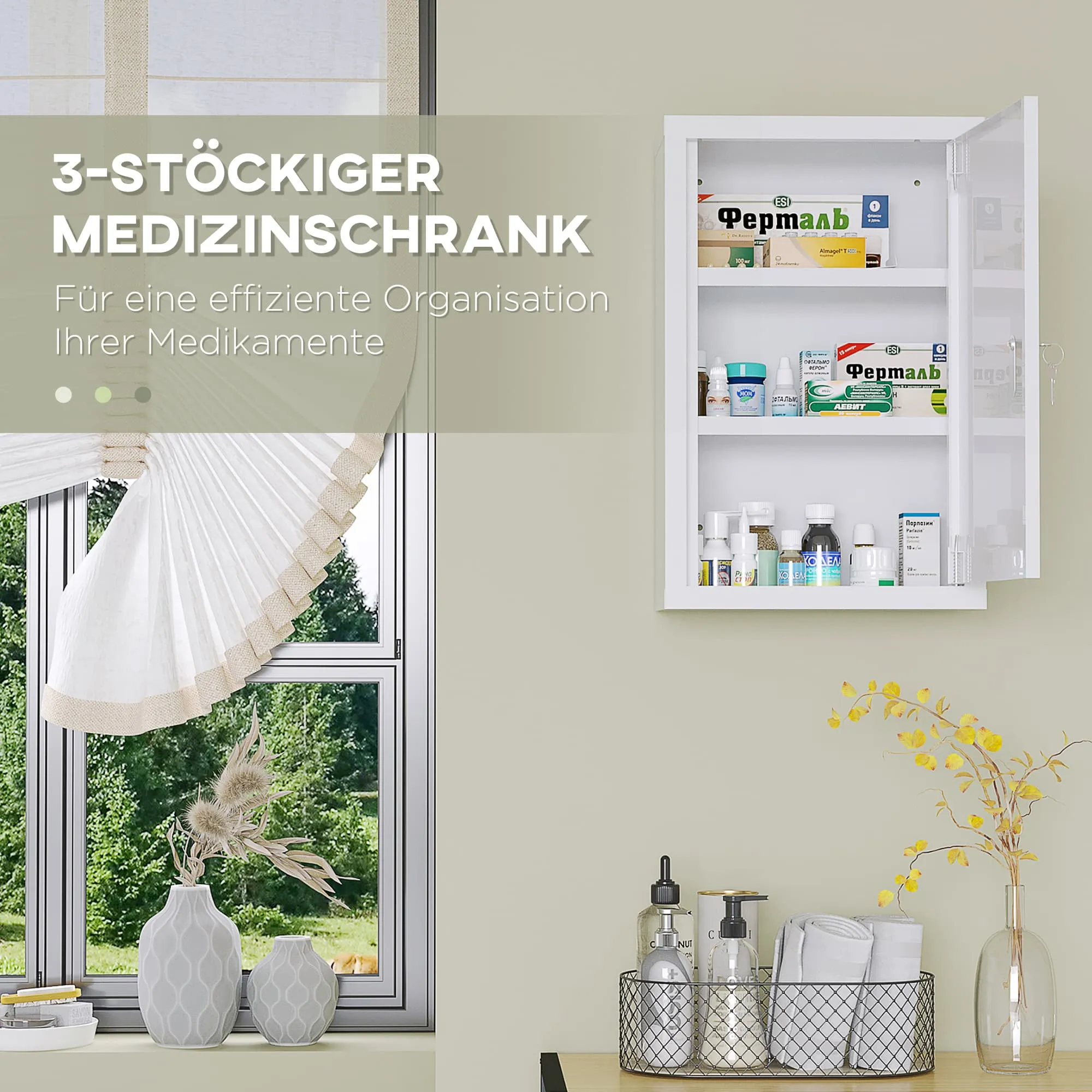 Apotheek kast medicijnkast vergulde farmaceutische kast met 3 lagen en 2 sleutels, staal, wit, 30 x 14 x 46 cm