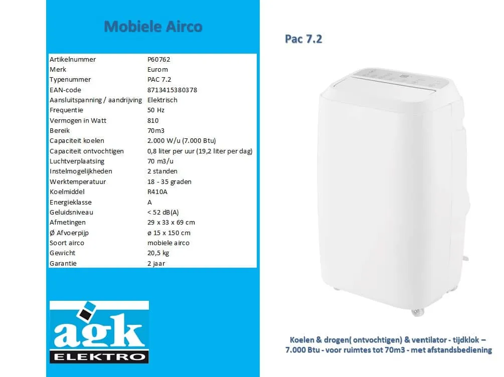 EUROM PAC7.2 MOBIELE AIRCONDITIONING 7000BTU 2000W 5070M3 29X33X69CM