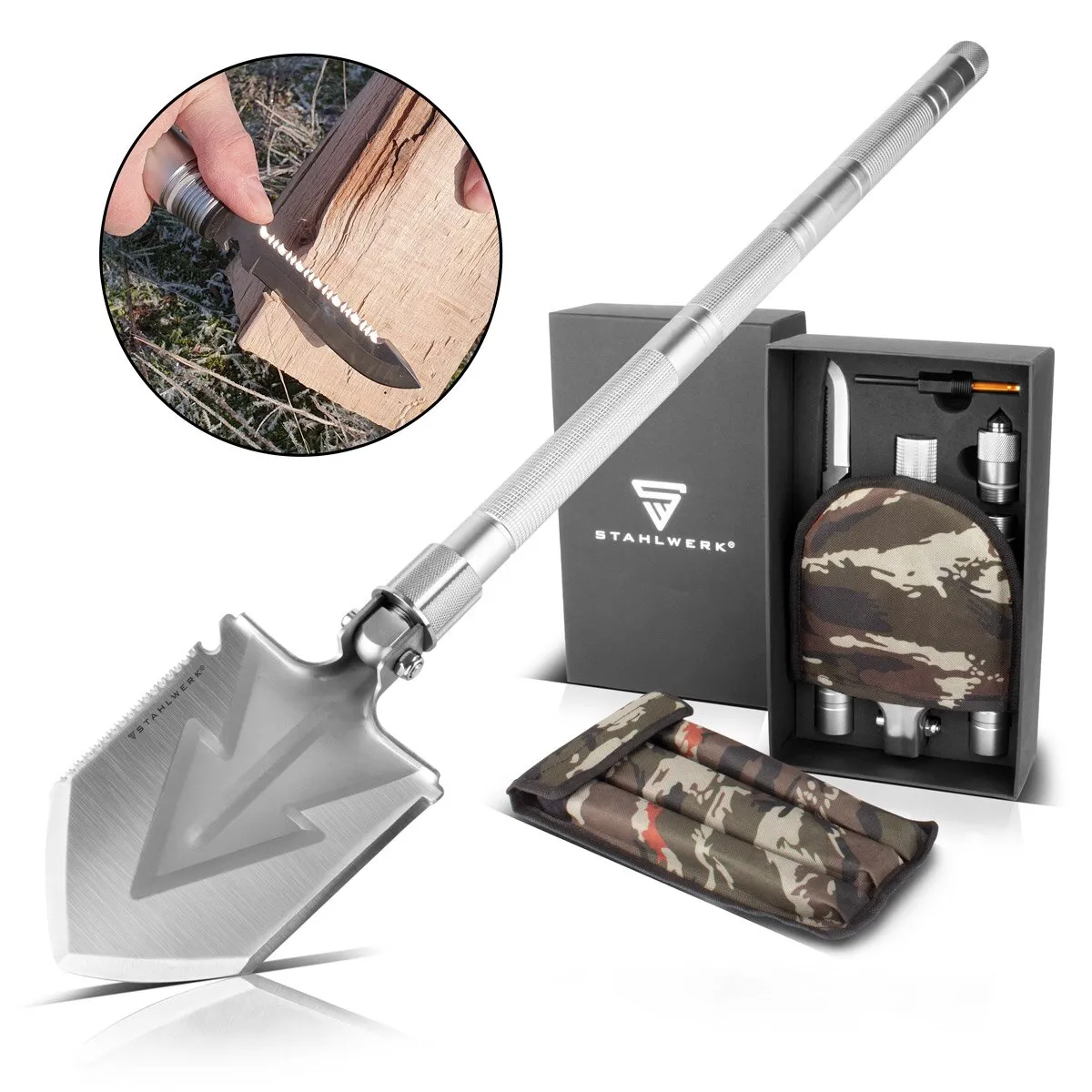STAHLWERK Multitool / Multifunctioneel Gereedschap / Outdoor Survival Kit met opvouwbare spade, multifunctioneel mes, zaag, nood