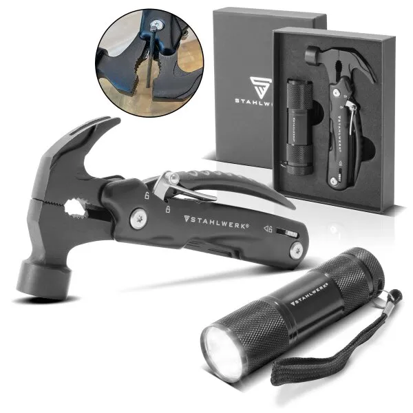 STAHLWERK Multitool met 12 gereedschappen, hoogwaardig zakmes / vouwmes / multifunctioneel gereedschap met hamer, mes, zaag, vij