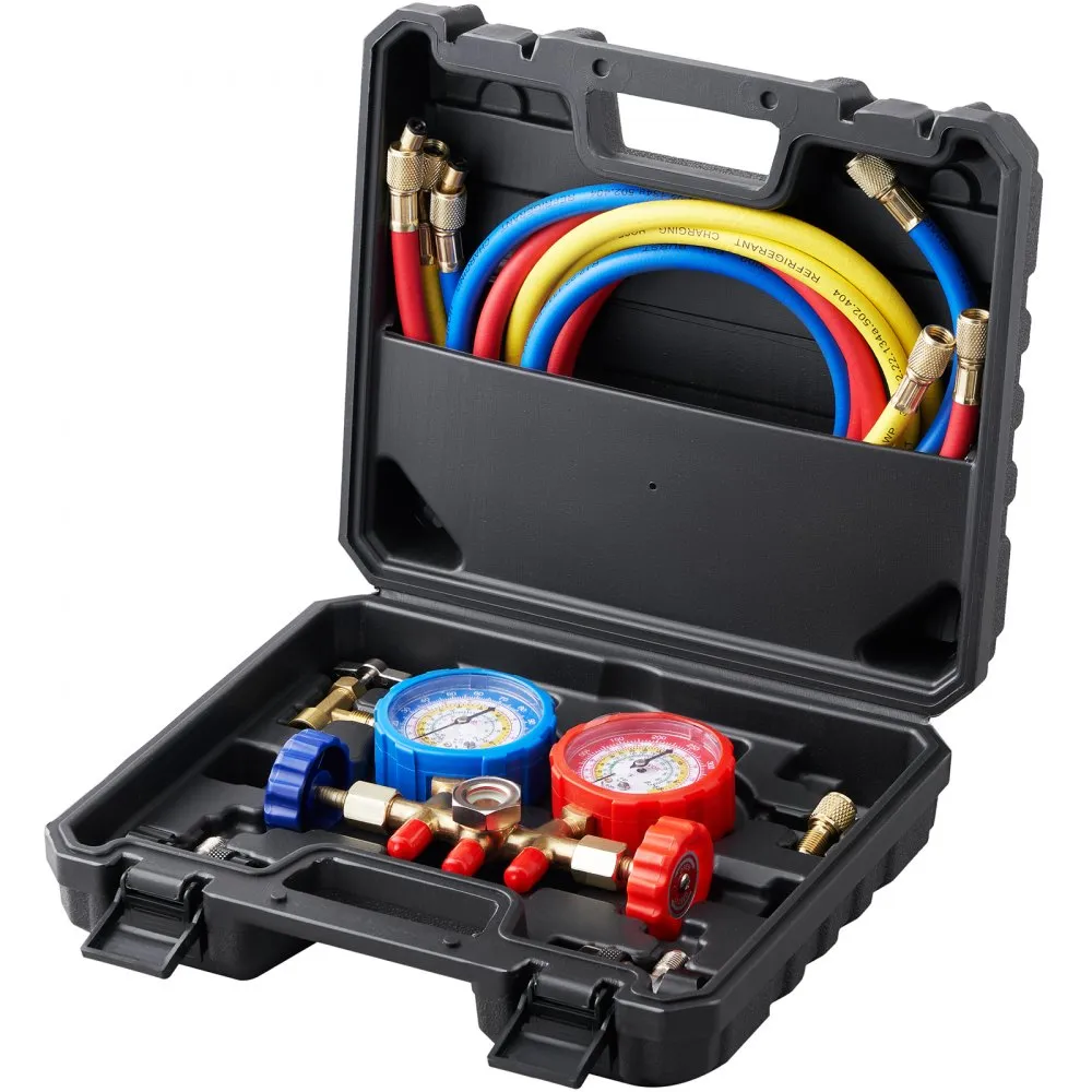 VEVOR KOELMIDDEL MANOMETER 3WEG AUTO KOELMIDDEL MANOMETER SET, R134AR22R12R502 AC 4 STUKS 5 VOETEN LAADSLANGEN KOELMIDDEL MA