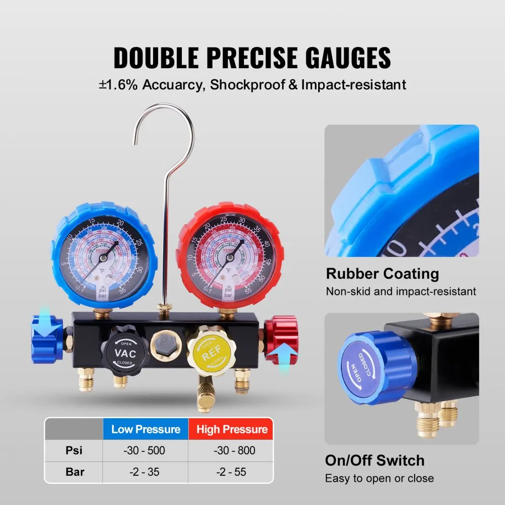VEVOR KOELMIDDEL MANOMETER 4WAY AUTO KOELMIDDEL MANOMETER SET, R134AR12R410AR22 AC 4 STUKS 5 VOETEN LAADSLANGEN KOELMIDDEL M