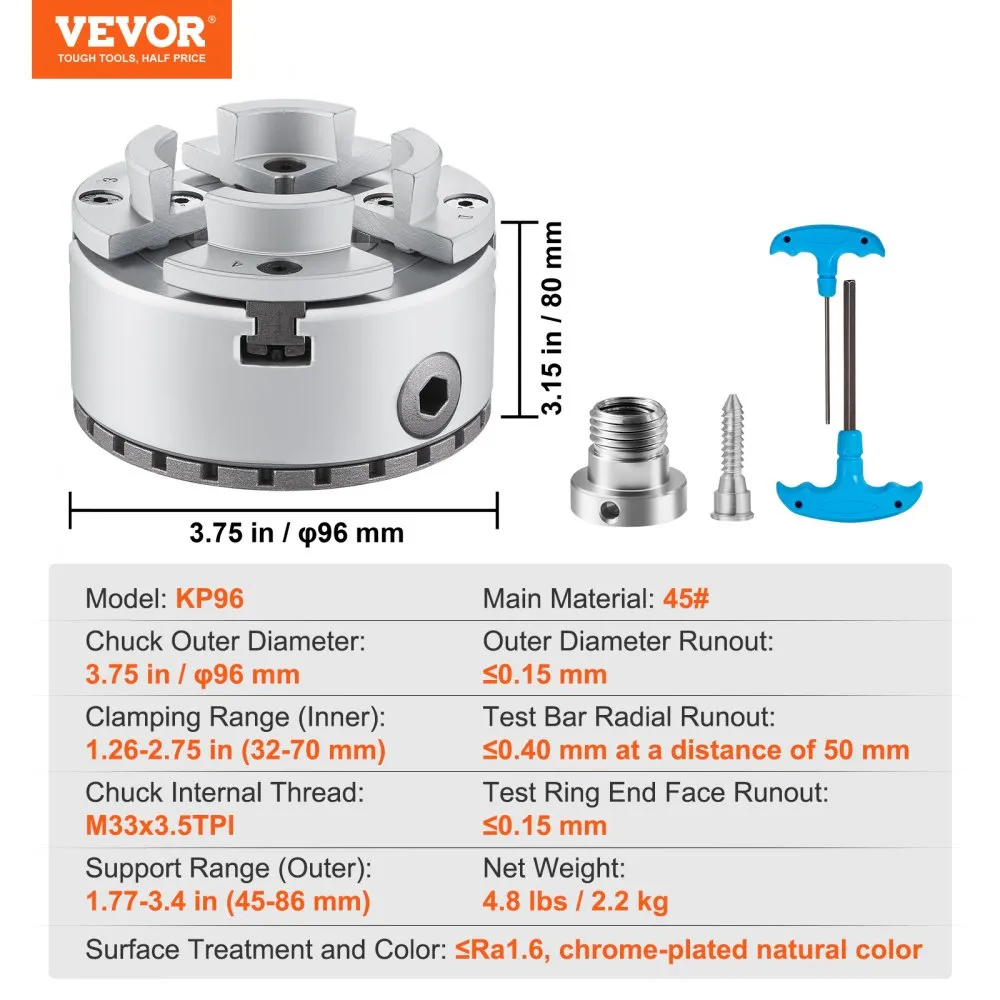 VEVOR KP96 KLAUWPLAAT 4KLAUW φ96 MM KLAUWPLAAT GEMAAKT VAN 45 # KLEMBEREIK 3270 MM BOORKOP INTERNE DRAAD M33 X 3,5 TPI NAUWKEU