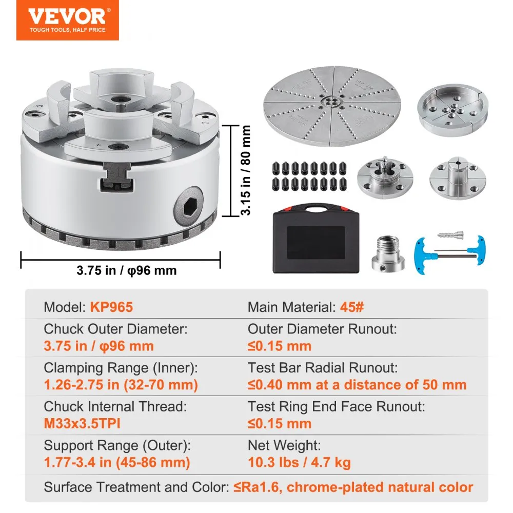 VEVOR KP965 KLAUWPLAAT 5 SOORTEN BEKKEN φ96MM KLAUWPLAAT GEMAAKT VAN 45# KLEMBEREIK 3270MM KLAUWPLAAT BINNENDRAAD M33 X 3,5 TPI